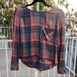 Anthropologie Cloth & Stone Plaid Laceup Back Top